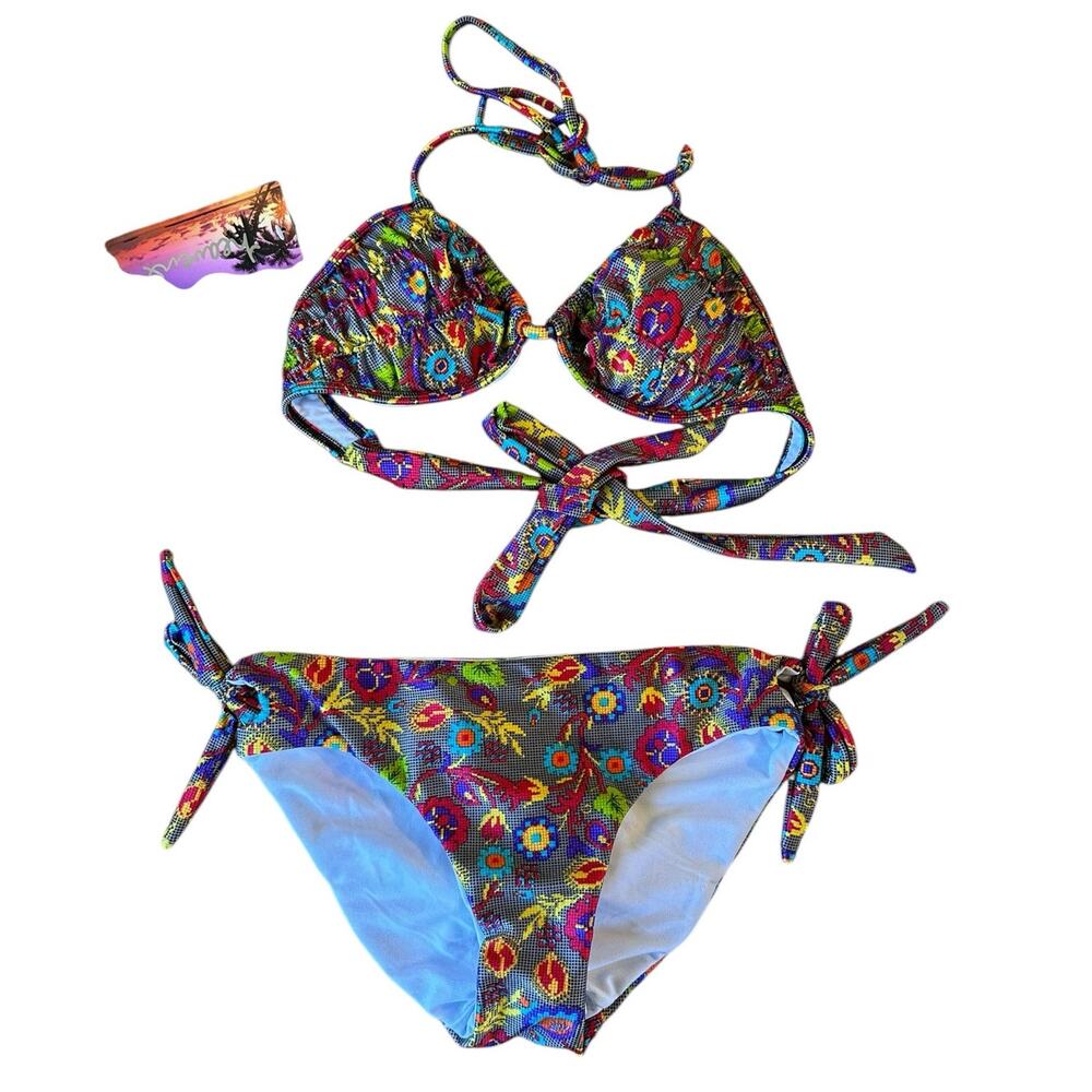 Heaven Bikini Set Black Multi Floral Booster Triangle Bra Side Tie Bottom Size 8